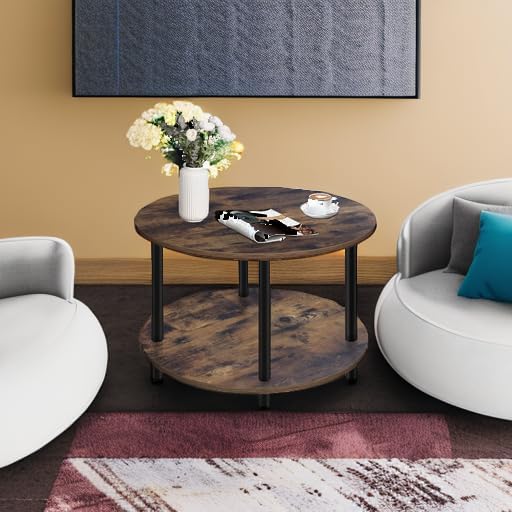 Small Round Coffee Table for Small Space, 23.5" 2-Tier Rustic Brown Wood...
