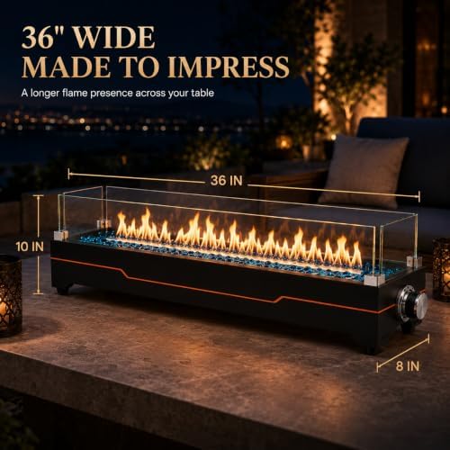 Grisun 36 Inch Tabletop Fire Pit with Glass Wind Guards for Patio & Camping