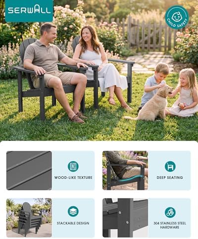 SERWALL HDPE Stackable Adirondack Chairs Set of 4,Space-Saving, Grey