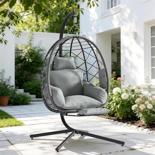 Suteck Hanging Egg Chair with Adjustable Footrest & Stand, Grey