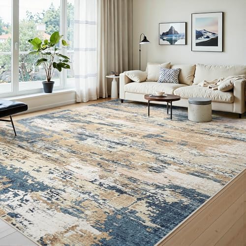 8x10 Area Rugs for Living Room Large Washable Abstract Rug Room Brown/Blue