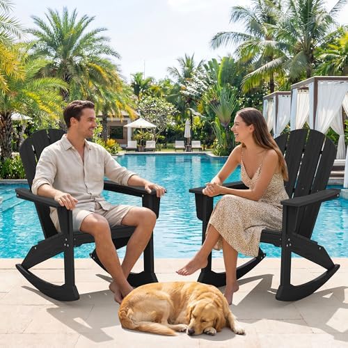 SERWALL Outdoor HDPE Adirondack Rocking Chairs, All-Weather, Black, 2PCS