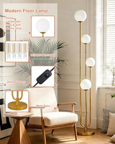 Lightdot Gold Globe Floor Lamp 4-Lights Dimmable Floor Lamps 3000K Bulbs Incl...
