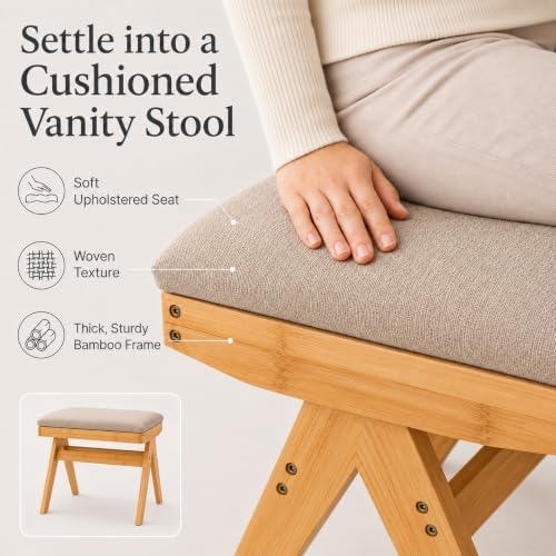 BAMBOOHOMIE Square Foot Stool Ottoman, Large Vanity Stool with Thickened Bamb...
