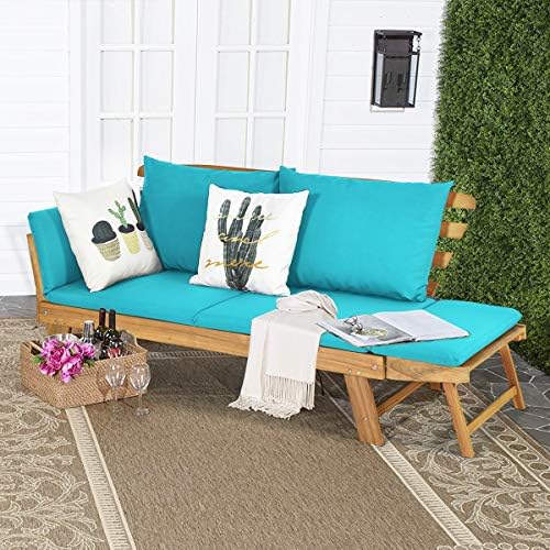Tangkula Convertible Acacia Wood Patio Couch Sofa Bed with Adjustable Armrest...