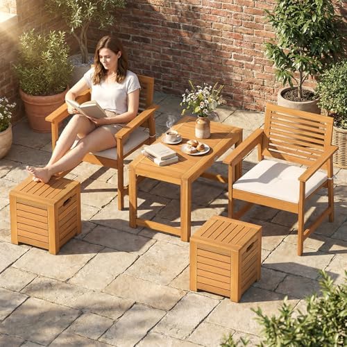 Tangkula Acacia Wood Outdoor Coffee Table with Stools Set of 2, 3 Pieces Pati...