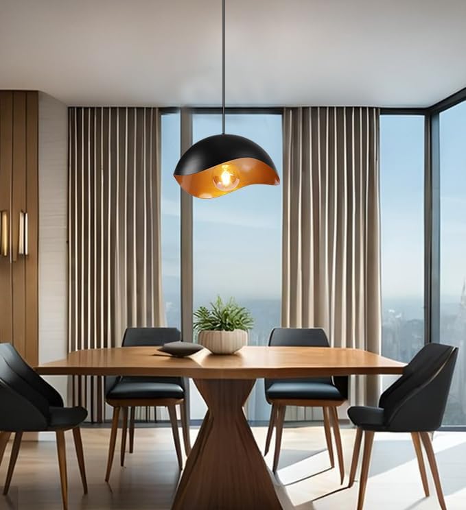Modern Wave Pendant Light, 11" Black and Gold Dome Shade, LED Ceiling Li...
