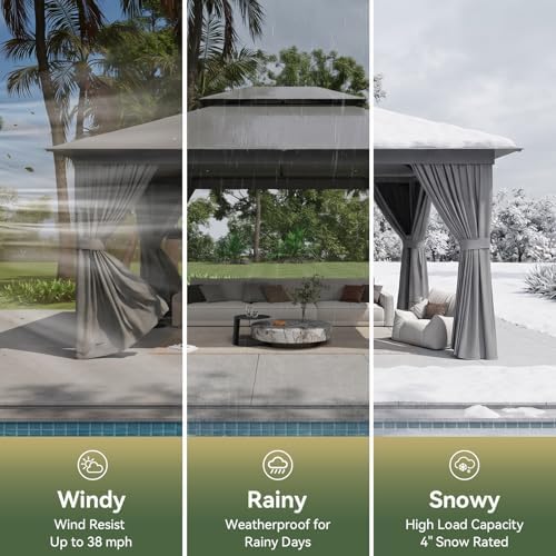12'x10' Gazebo with Light, Outdoor Gazebo with Double Roofs