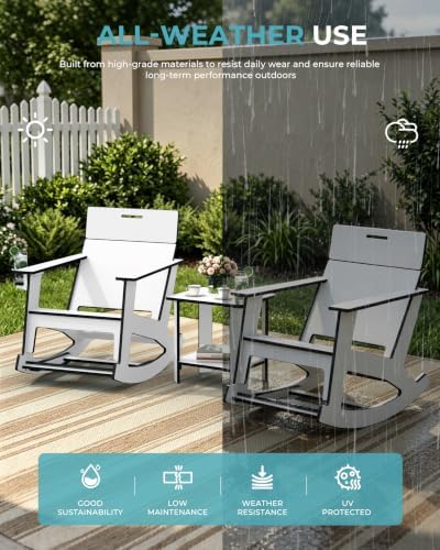 Ciokea Outdoor Rocking Chair with Pull-Out Footrest, Solid Backrest, White