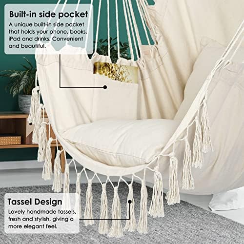 Y- STOP Hammock Chair Hanging Rope Swing, Max 500 Lbs, 2 Cushions Included, L...