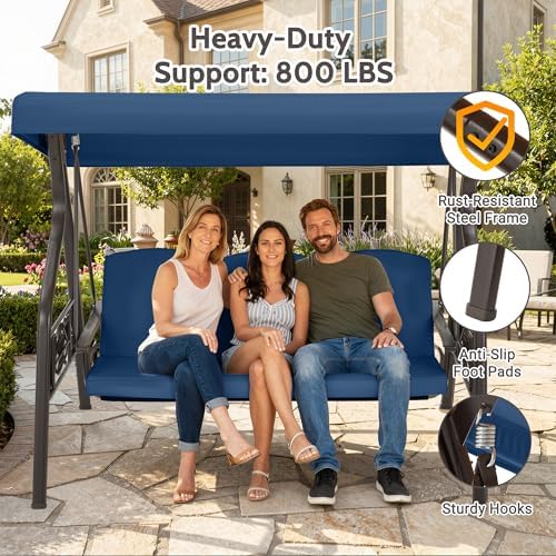 3-Seat Outdoor Porch Swing with Stand for Adults, 800lbs Convertible Swing Be...