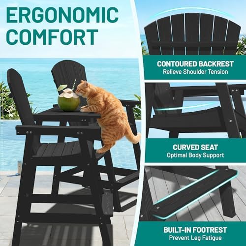 PLUUV Tall Adirondack Chairs Set of 2 with Double Connecting Trays, Black