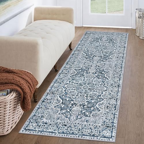 KUTA Vintage Washable Runner Rug 2x6 Blue White Runners for Hallways