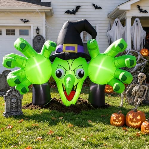 6FT Giant Halloween Inflatables Wicked Witch with Huge Grabbing Hands, LED Ha...