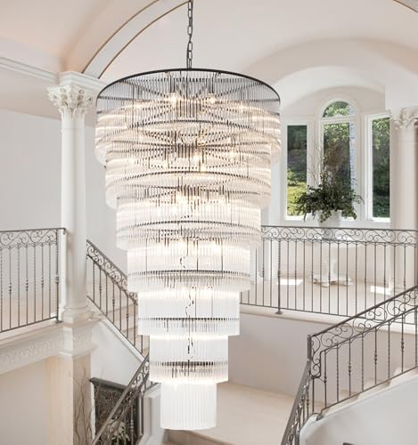 Large Black Chandelier for High Ceiling H68" 7-Tier Glass Chandelier Modern