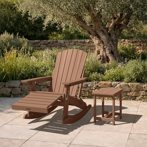 4-in-1 Adirondack Rocking Chair Set of 2, HDPE, Footrest, Teak