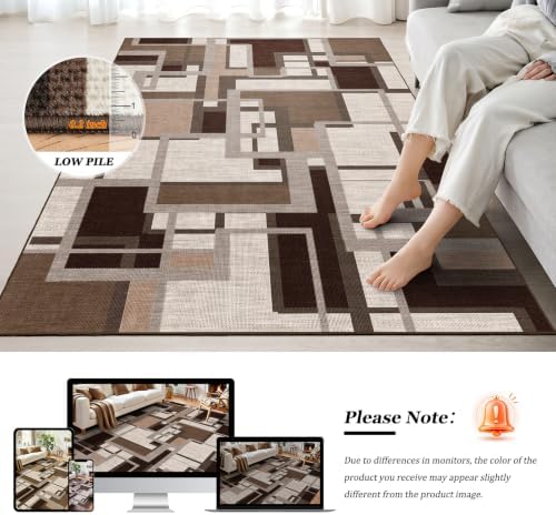 Modern Geometric 8x10 Area Rugs for Living Room, Coffee Brown Washable Rug