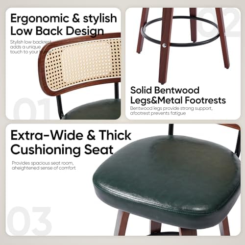 KEEZY Natural Rattan Bar Stools Set of 2, 26 Inch Counter Height Barstools wi...