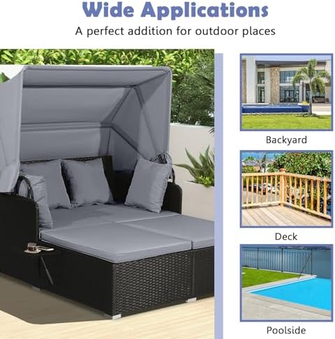 Tangkula Patio Rattan Daybed with Retractable Canopy, Outdoor Wicker Sunbed L...