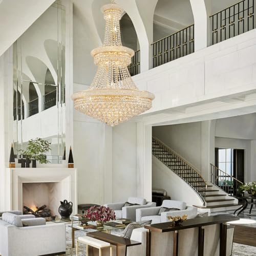 19-Lights High Ceiling Chandelier Modern Gold Crystal Chandeliers Large Foyer...