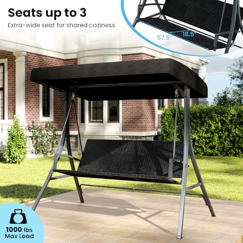 Tangkula 3-Person Wicker Porch Swing, 1000 lbs Max Load, Black
