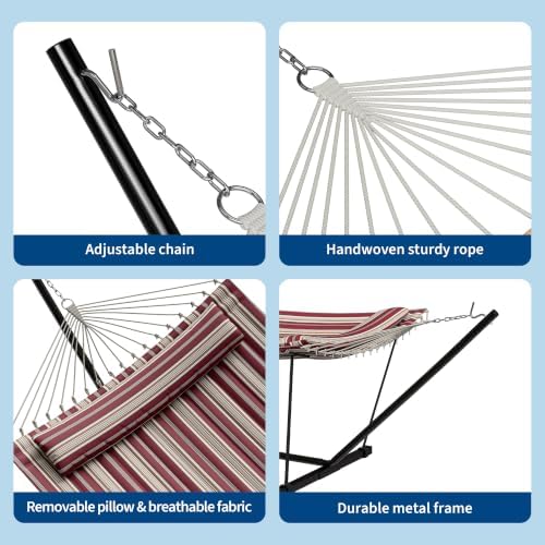 Garvee 2-Person Hammock with Stand for Outside–450lbs, Balance Rope, Pillow