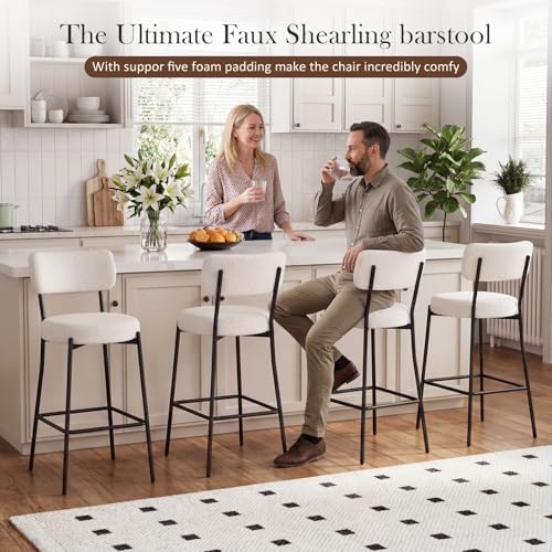 Bar Stools Set of 2, 26" White Boucle Fabric Kitchen Island Chairs