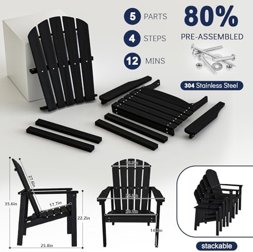 nevilywood Stackable Adirondack Chair, HDPE Outdoor Chair Set of 2, Black