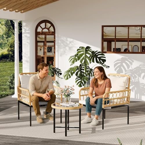 3-Piece All-Weather Wicker Rattan Bistro Patio Furniture Set with Glass Table...