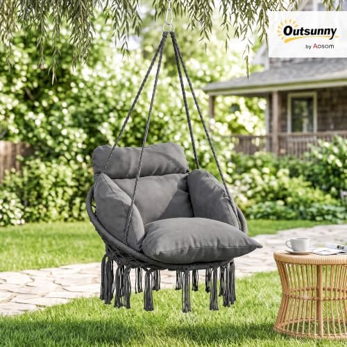 Outsunny Hammock Swing Chair w/Large Cushion Cotton Rope Chain Dark Gray