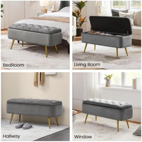 Yaheetech Storage Ottoman Bench for Bedroom, Velvet End of Bed Bench, Gray