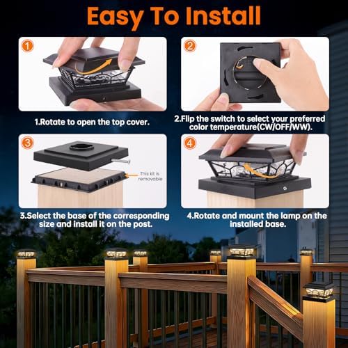 Brightever 4x4 Post Solar Lights, Solar Post Cap Lights Black 12-Pack