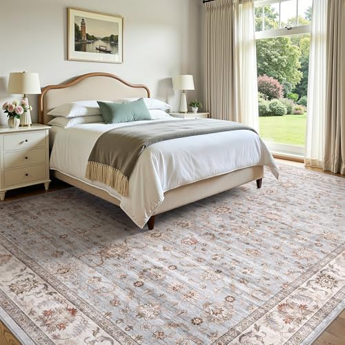 WITSHOCK Washable Area Rug 12x15 Non-Slip Floral Carpet, Gray/Light Blue