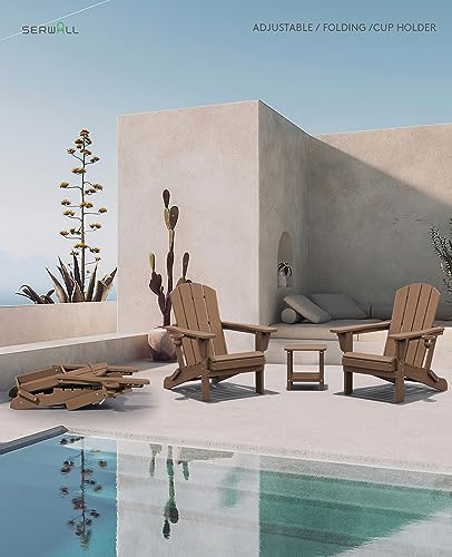 SERWALL Folding Adjustable Adirondack Chairs Set of 2, Cup Holders, Brown