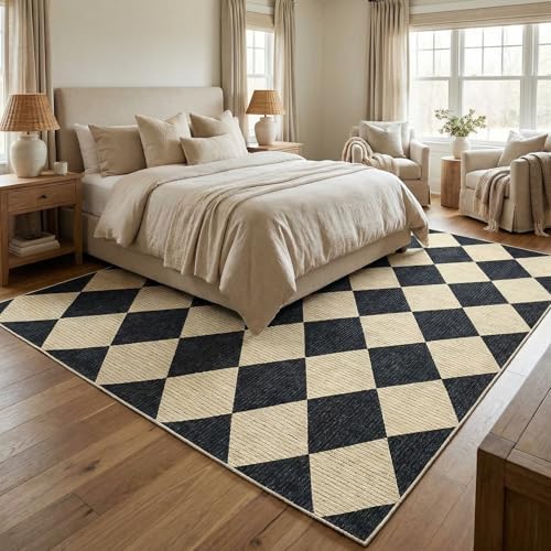 GarveeHome Area Rugs 8x10 for Living Room Black Checkered Washable Rug
