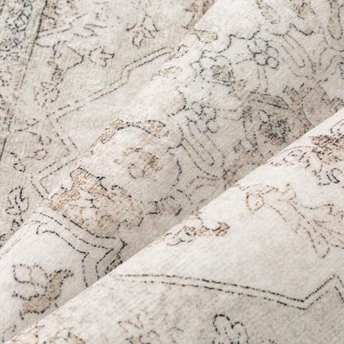 PureCozy Beige 9x12 Washable Area Rug Vintage Oriental Medallion Carpet