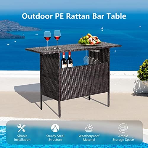 Tangkula Outdoor Wicker Bar Table, Patiojoy All Weather Patio Bar Height Tabl...