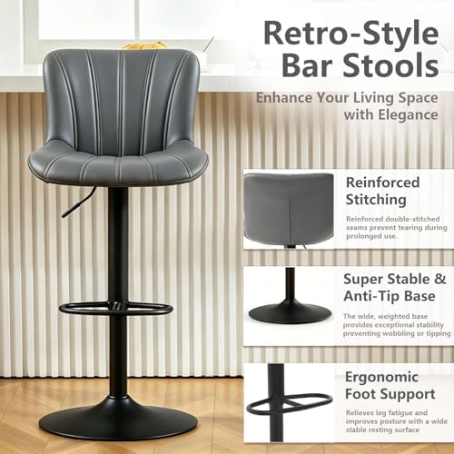 Bar Stools Set of 2, Modern Swivel Bar Stools Adjustable Height, Faux Leather...