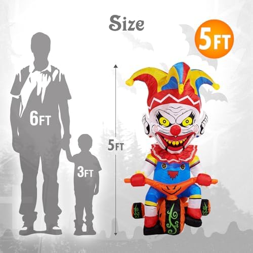 WBHome 5 Ft Halloween Inflatable Outdoor Clown Bicycle Decorations, Day of Th...