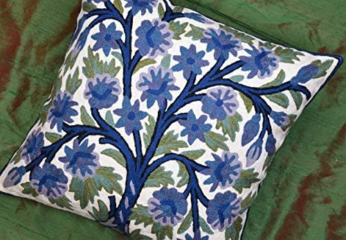 Blue Tree of Life Pillow Cover Indigo Plant Floral Pillowcase Needlepoint Bot...