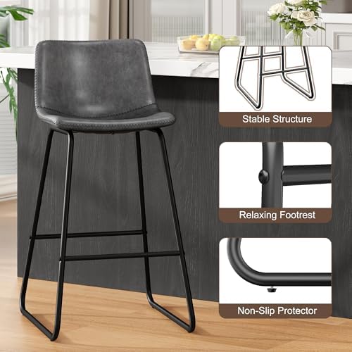 REONEY Bar Stools Set of 3, 26" Urban Faux Leather Counter Stools, Grey