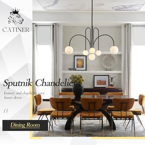 CATINER Modern 40" 6-Light Black Sputnik Chandelier with Milk Glass Globe