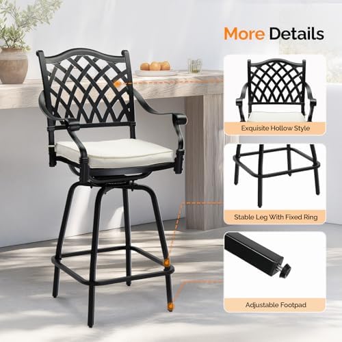 VINGLI Outdoor Swivel Bar Stools Set of 2, Cast Aluminum All-Weather Patio Ba...