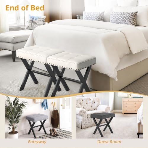 LUE BONA White Vanity Stool - Square Faux Leather Makeup Seat With Metal X Le...