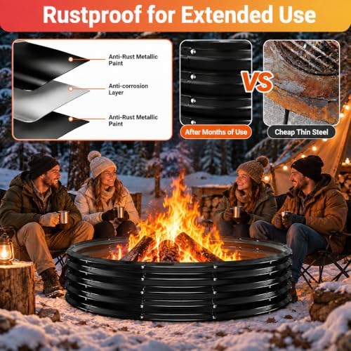 72" Large Fire Pit Ring for Outside, Heavy Duty Wood Burning Firepit &am...