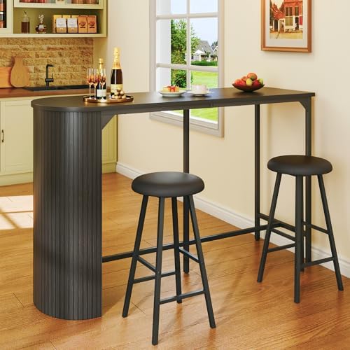 Fluted Bar Table and Chairs Set, 55'' Long Bar Tables with 2 Stools, ...