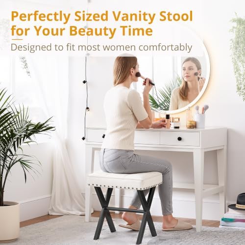 LUE BONA White Vanity Stool - Square Faux Leather Makeup Seat With Metal X Le...