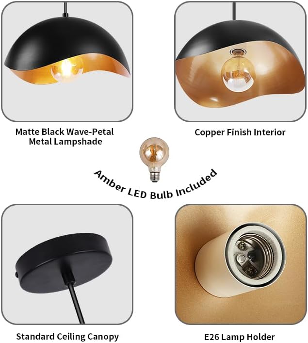 Modern Wave Pendant Light, 11" Black and Gold Dome Shade, LED Ceiling Li...
