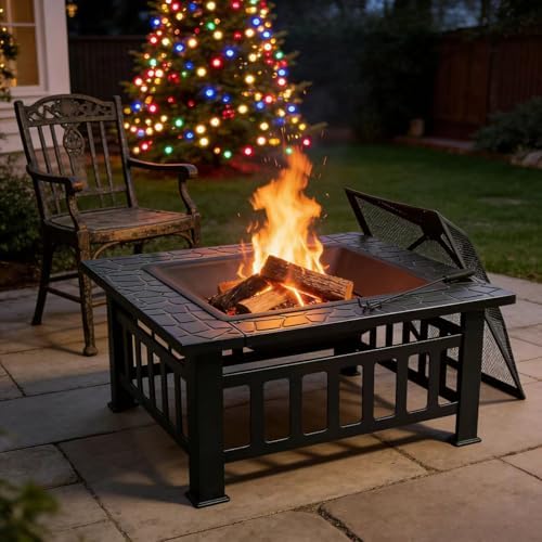 zeny 32 inch outdoor fire pit with grill shown in use