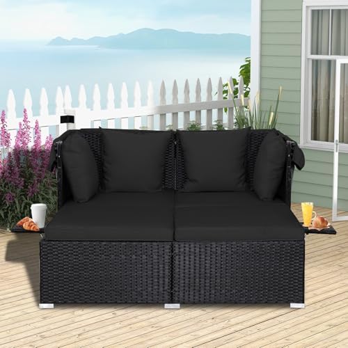 RELAX4LIFE Patio Outdoor Daybed with Canopy, Wicker Sunbed w/Cushions, 4 Pill...